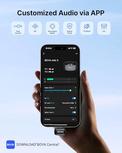 BOYA mini 2 Wireless Lavalier Microphone for iPhone 15/16/17 & Android | AI Noise Cancellation, App Control, 30H Battery Life with Charging Case for Vlogging Interviews and Content Creation - color: Black