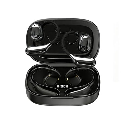 Open Ear Headphones, True Wireless Bluetooth Earphones with Mic, Ultra-Comfort Sport Headset with LED Display, Powerful Sound, IPX4 Waterproof, Wireless Earbuds for Running Driving Workout, Black