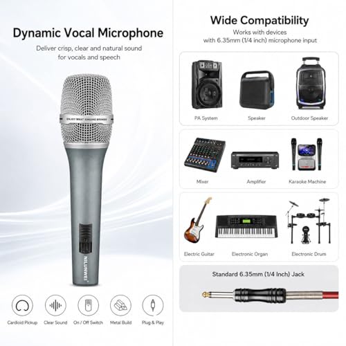 Dynamic Microphone - Heart shaped Directional Wired Microphone, used as a vocal microphone for live sing, with 14 foot XLR to 1/4 inch audio cable, desktop tripod, extension pole, Mic storage bag