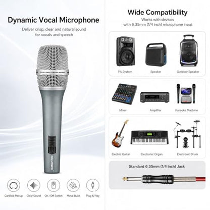 Dynamic Microphone - Heart shaped Directional Wired Microphone, used as a vocal microphone for live sing, with 14 foot XLR to 1/4 inch audio cable, desktop tripod, extension pole, Mic storage bag