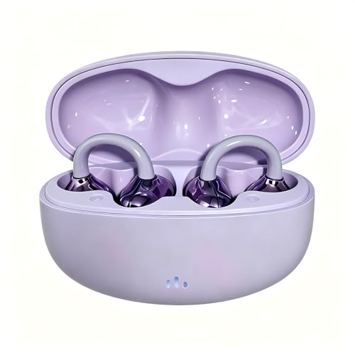 Clip-on Earbuds Hybrid Active Noise Cancel Ultra Comfort All-Day Wear Fit | Wireless Earbuds Bluetooth 5.4 w/ C-Shape Frame & Slim Hooks | 60H Playtime, Light Build for Glasses Wearers & Fitness Users - color: Purple