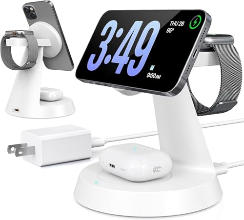 iPhone Charging Station 3 in 1 Wireless Charger for Apple Devices, 15W MagSafe Stand Compatible with iPhone 17 16 15 14 13 12 Pro Max Plus, Charging Dock for AirPods 4 3 2 & iWatch Series (White) - color: White