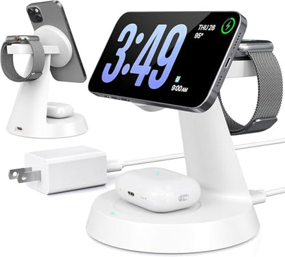 iPhone Charging Station 3 in 1 Wireless Charger for Apple Devices, 15W MagSafe Stand Compatible with iPhone 17 16 15 14 13 12 Pro Max Plus, Charging Dock for AirPods 4 3 2 & iWatch Series (White) - color: White
