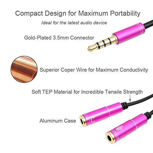 Hot Pink Headset Y Splitter Audio Adapter Cable 3.5mm Male to 2 Female Mic Audio CTIA Headphone Adapter Compatible with PC Gaming Headset,PS4,Xbox One,Notebook,Android iPhone Tablet MP3