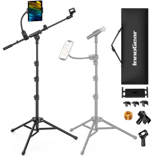 InnoGear Mic Stand Floor Microphone Stand Tablet Phone Holder for Singing | Tripod Base, Portable for Travel, Easy Height Adjustment, Stable Boom Arm, Broadly Compatible, Fit Tablets from 4.92"-9.92"