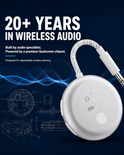 Avantree SoundJet R1 - Airplane Bluetooth Adapter for AirPods, 25H | Qualcomm aptX Adaptive & HD, dual-headphone pairing, 25-hour battery, USB-C charging, and single/dual airline plugs - color: 5. Silver