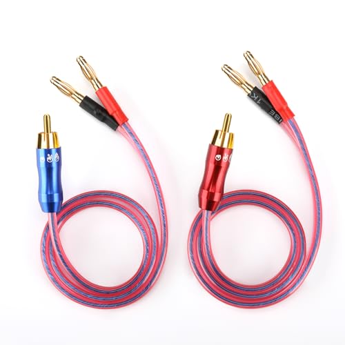 KK R1-B2-D0.5 4N OFC Speaker Wire Pair with RCA Male (Blue & Red) to 2 Pair Banana（4banana） Plugs 1.64Foot-Pair KK R1-B2-D0.5 - size: 3M/9.8Foot
