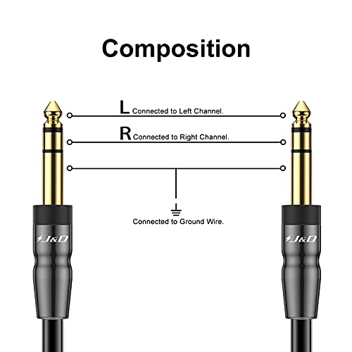 J&D 1/4 inch TRS Instrument Cable, Gold Plated Copper Shell 6.35mm TRS Male to 6.35mm Male Stereo Cable (6 Feet) - size: 6 Feet