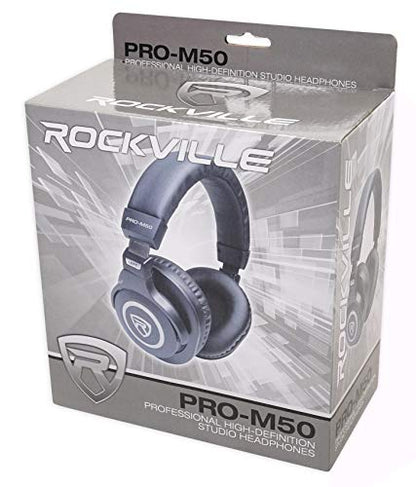 Rockville PRO-M50 Closed-Back Studio Headphones with Detachable Coil Cable | 40mm Neodymium Drivers, 32 Ohm, Over-Ear, Includes Hard Leather Case, Extra Ear Pad, Gold Plated 1/4" Adapter, OFC Cable - color: Black