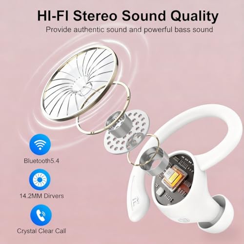 sprtoybat Wireless Earbuds, 2026 New Bluetooth 5.4 Headphones Sport Earphones with 68Hrs Playtime LED Display ENC Noise Cancelling Mic, IPX7 Waterproof Over Ear Ear Buds with Hook for Sports/Running - color: Elegant White