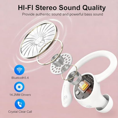 sprtoybat Wireless Earbuds, 2026 New Bluetooth 5.4 Headphones Sport Earphones with 68Hrs Playtime LED Display ENC Noise Cancelling Mic, IPX7 Waterproof Over Ear Ear Buds with Hook for Sports/Running - color: Elegant White