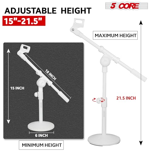 5 Core Desk Microphone Stand Adjustable Round Base with Boom Arm, 3/8'' and 5/8/'' Threaded Mount and Mic Holder for Kick Drums Guitar Amps White - MSSB W