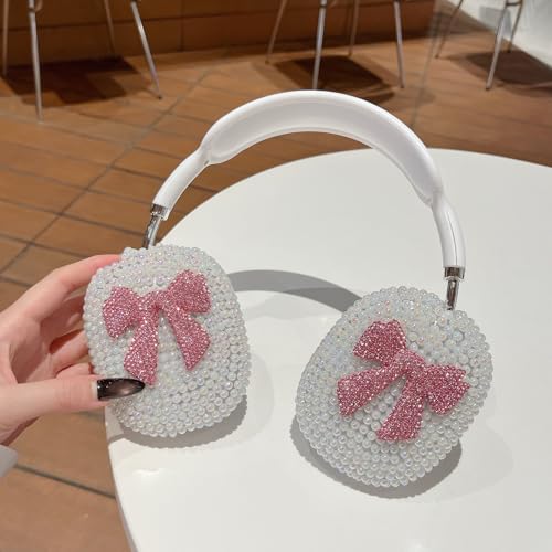 Pearl Bow Case for AirPods Max 2 Cover - Luxurious Rhinestones Glitter Crystal Headphones Case for AirPods Max Ear Cups Cover Protective 3 in 1 Accessories Set with Ear Pad/Headband for Girl - Pink