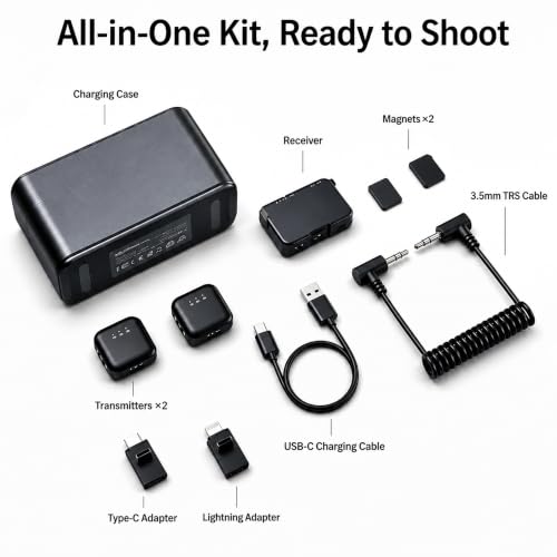 Wireless Lavalier Microphone for iPhone/Android/Camera, Mini Lapel Mic with 2 TX + 1 RX + Charging Case, Noise Cancelling, 48H Battery, 250M Range, Plug-Play for Vlogging Live Streaming - color: dark black