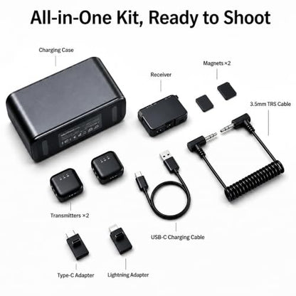 Wireless Lavalier Microphone for iPhone/Android/Camera, Mini Lapel Mic with 2 TX + 1 RX + Charging Case, Noise Cancelling, 48H Battery, 250M Range, Plug-Play for Vlogging Live Streaming - color: dark black