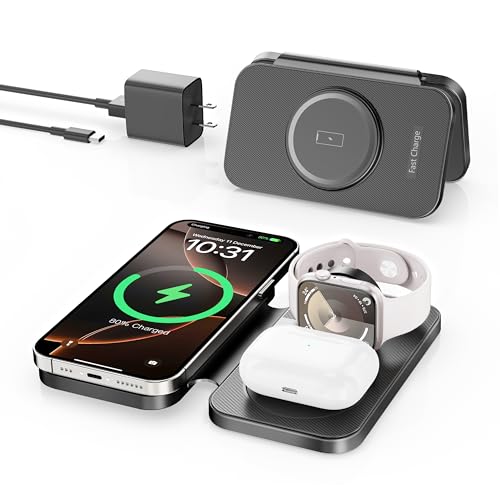 2026 Traveling Portable Wireless Mag-Safe Fast Charging Station | Magnetic 3 in 1 Charger for iPhone 17 16 15 14 13 12 Pro Max Plus,Apple Watch Series & Air pods 4 3 2 Pro-Gifts for Family - color: Black