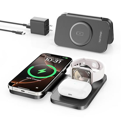2026 Traveling Portable Wireless Mag-Safe Fast Charging Station | Magnetic 3 in 1 Charger for iPhone 17 16 15 14 13 12 Pro Max Plus,Apple Watch Series & Air pods 4 3 2 Pro-Gifts for Family - color: Black