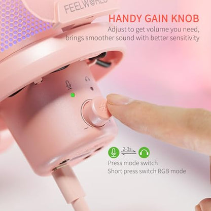 FEELWORLD VM1 Pink USB Gaming Condenser Microphone for pc, Desktop Stand - color: Pink