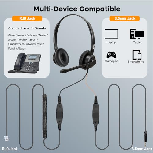 MAIRDI Office Headset with RJ9 Jack for Cisco Phone, Binaural Telephone Headset with Noise Canceling Microphone for Call Center Landline Deskphone, Including 3.5mm Jack for Cell Phone PC Laptop - style: Binaural