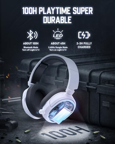 Wireless Gaming Headset, 7.1 Surround Sound, 2.4GHz USB Gaming Headphones with Bluetooth 5.4, 100H Battery, ENC Noise Canceling Mic, RGB Light, Wireless Headset for PC PS5 PS4 Mac Switch (Black-White) - color: Black-White