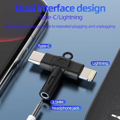 3.5mm to USB C Lightning Jack Dongle (2in1) for iPhone 16 15 14 13 Pro Max AUX Headphone Adapter Audio Cable for Apple Car Microphone Female Compatible for Samsung Connector Headset Adaptor for IPad