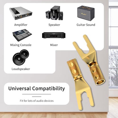 4PCS Spade Connector,45 Degree Pure Copper Audio Fork Y Spade Plug DIY with Heat Shrink Tubing and Hex Wrench,Double Screw Locking Speaker Cable Plug for Speaker Cables (Knurled Gold Plated) - color: Gold Plated Knurled Style