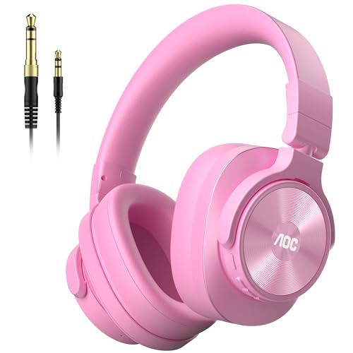 AOC Bluetooth Over Ear Headphones, Wireless Studio Monitor & Mixing DJ Headphones with 72H Playtime, Hi-Res, Built-in Mic, 3.5mm/6.35mm Wired Audio Jack for Guitar AMP, Podcast, PC Gaming - Pink - color: Pink