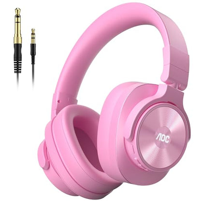 AOC Bluetooth Over Ear Headphones, Wireless Studio Monitor & Mixing DJ Headphones with 72H Playtime, Hi-Res, Built-in Mic, 3.5mm/6.35mm Wired Audio Jack for Guitar AMP, Podcast, PC Gaming - Pink - color: Pink