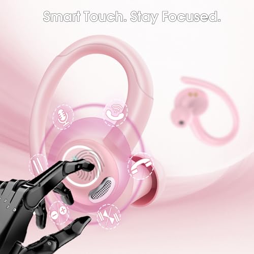 Wireless Sports Earbuds with Earhook, 48H Deep Bass/ENC Mic Ear Buds Rose | Wireless Earphone with LED Display, Bluetooth 5.3 Headphones In Ear, IPX7 Waterproof Over Ear Buds for Running/Workout - color: Rose