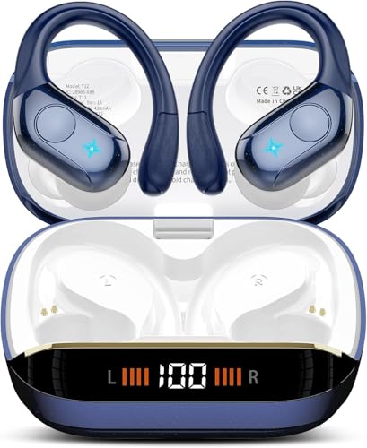 75H Sports Wireless Earbuds Bluetooth 5.4 Headphones Stereo, Dark Blue | Over Ear Buds with Earhooks, LED Display Bluetooth Earbuds with 4 ENC Mic, IP7 Waterproof Earphone for Running
