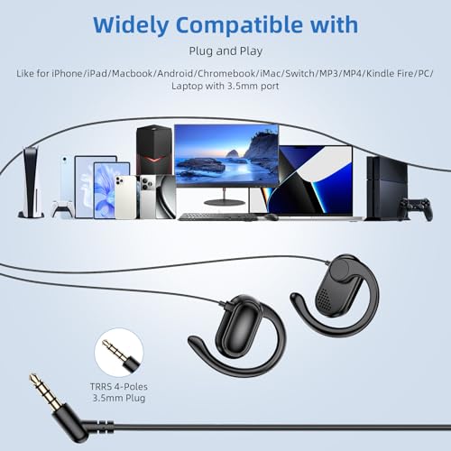 APETOO 3.5mm Open-Ear Headphones with Earhook Mic & Volume Control, 4.9ft | Wired Earbuds HiFi Stereo, Anti-hurt Ear On-Ear Earphone for Chromebook Kids School Tablet Airplane Travel Laptop MP3, Black