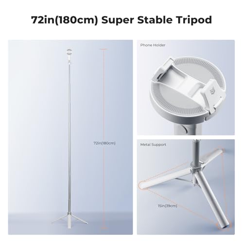 K&F CONCEPT 72" Selfie Stick for iPhone, Phone Tripod | Clip & Magnetic, Remote, 1s Open & Close, Compatible with iPhone 17-12 Osmo Pocket 4/3 Luna Ultra, X97C6 - color: White