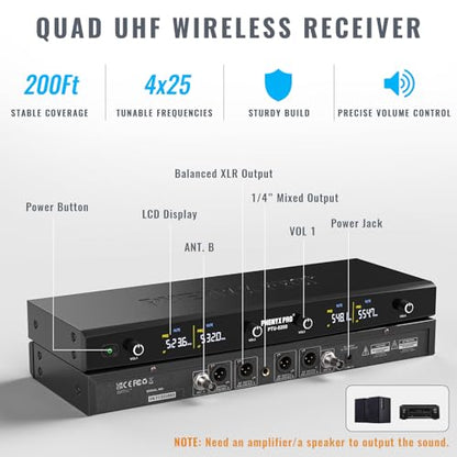 Phenyx Pro 4-Ch UHF Headset/Lapel Wireless Microphone System PTU-5200-4B | 4 Bodypacks, 4 x 25 Frequencies, 200 ft Range, Hands-Free Vocals, Stage Performances, Church Services