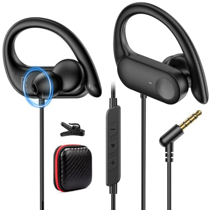 APETOO 3.5mm Sport Wired Earbuds with Over Earhook Mic & Volume Control 5ft | Workout Headphones, In-Line Control, HiFi Stereo In-ear Earphones for Samsung/Chromebook School Kid Tablet Airplane Travel
