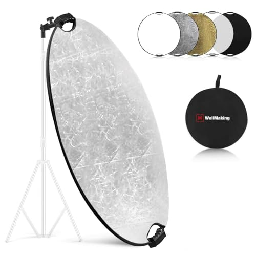 WELLMAKING 32'' Reflector Photography with tilt Adapter for Studio Outdoor | 80cm Light Reflector 5in1, Two 1/4" Grips, Collapsible with Bag High-End Coating Translucent, Silver, Gold, White and Black - size: 32 Inch (80cm)