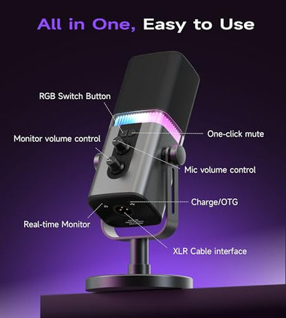 MAILANGSHI 192KHz/32bit Dynamic Podcast Microphone for PC, USB & XLR Mic with RGB Lighting, Desktop Stand, Mute Button, All-Metal Body, Gain & Volume Control, Gaming Microphone for Livestreaming