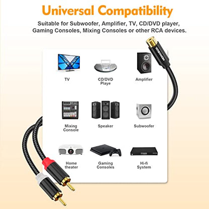 HOSONGIN 1ft RCA Splitter 1 Female to 2 Male Y Adapter 2 Pack, Short RCA Audio Speaker Splitter Cable, Double Shielding Black Nylon Braided Cable - Gold-Plated Plug - Length 12 Inch - size: 1FT-2Pack, style: 1 Female to 2 Male