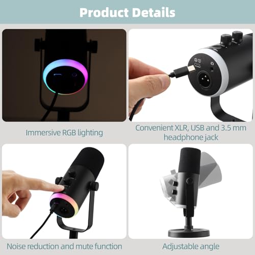 OMISTAR XLR/USB Dynamic RGB Microphone, PC Microphone with Noise Reduction, Volume Control, Mute Function, Metal Build, Easy-Mount Base for Gaming, Recording, Streaming
