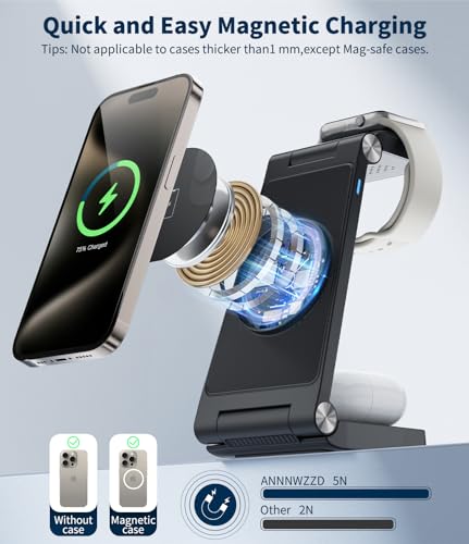 Magnetic Wireless Charging Station, 3 in 1 Fast Max Charging for iPhone 17 16 15 14 13 12 Pro Max Plus, Apple Watch, Air Pods Pro - Space-Saving Multi-Device Stand (Black)
