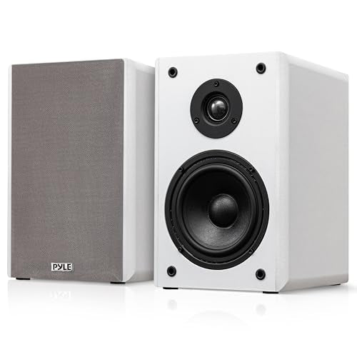 Pyle 6.5” Bookshelf Speakers, Pair of Wired Bookshelf Speakers with Wall Mount Brackets, 2-Way HiFi Home Theater with Paper Cone, Soft Dome Tweeter, Compact Design, 11.5” x 7.5” x 9.5”, White - color: White, size: 6 inch