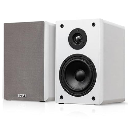 Pyle 6.5” Bookshelf Speakers, Pair of Wired Bookshelf Speakers with Wall Mount Brackets, 2-Way HiFi Home Theater with Paper Cone, Soft Dome Tweeter, Compact Design, 11.5” x 7.5” x 9.5”, White - color: White, size: 6 inch
