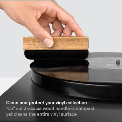 Record Cleaner Brush - Curved Velvet Vinyl Brush | Acacia Wood Handle - Lifts Groove Dust Dry or Wet - Record Player Accessories for Pre-Play Record & Vinyl Cleaning