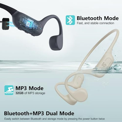 Swimming Headphones Bone Conduction Headphones IPX8 Waterproof Apricot | Waterproof Earbuds for Swimming ,Open Ear Earphones with MP3 Mode 32GB,8H Play Bluetooth 5.4 Ear Buds Secure Fit for Running - color: Apricot