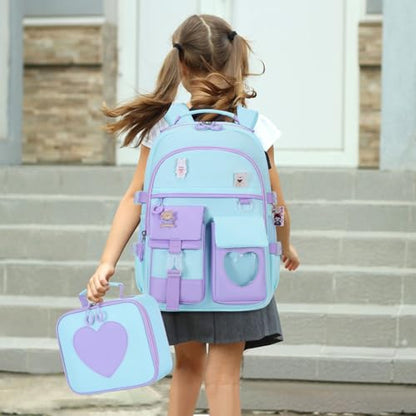 ACESAK Backpack for Girls with Headphones - Girls Backpack with Lunch Box, Pencil Case & Kids Headset - 3.5mm Wired Headphones for School Bookbag Schoolbag Set Back To School Gift (Blue Purple) - color: Blue Purple