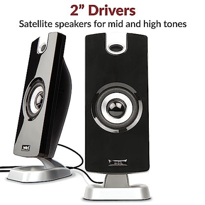 Cyber Acoustics CA-3090 2.1 Speaker System with 18W Subwoofer | Compact 2.1 PC Speaker System with Subwoofer, 18W Peak Power, Adjustable Bass, for Music, Movies, and Gaming