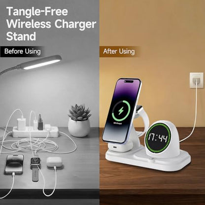 6‑in‑1 Wireless Charging Station with 30W Adapter, Blue-Tooth Speaker, Auto‑Sync Clock & RGB Night Light, Compatible with iPhone 12‑17/AirPods/Apple Watch and Select Android (Qi + Magnetic Required) - color: White