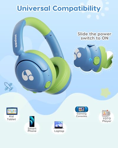 awatrue Kids Bluetooth Headphones, 85dB Volume Limiter, Blue Green HK02 | Foldable Wireless, Bluetooth 5.4, 75H Playtime, Built-in Mic, for iPad & Travel - color: Blue-Green
