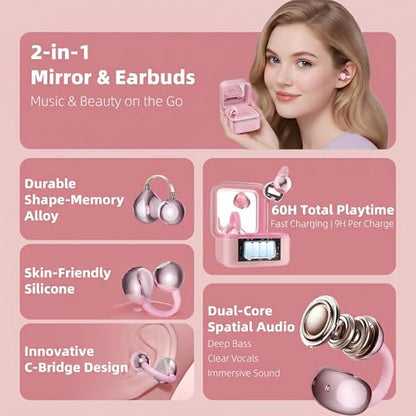 Wireless Earbuds with LED Makeup Mirror Case, Bluetooth 6.0 Open Ear Clip-On Headphones, Cute Pink Air Conduction Earphones for Women, Low Latency, Secure Fit for Running & Travel (Earring Pink) - color: Earring Pink