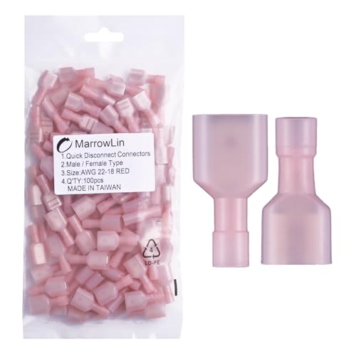 100 Pcs Nylon Spade Wire Connectors, Red 22-18 AWG, Male/Female - size: 22-18 AWG