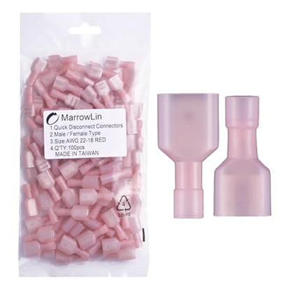 100 Pcs Nylon Spade Wire Connectors, Red 22-18 AWG, Male/Female - size: 22-18 AWG